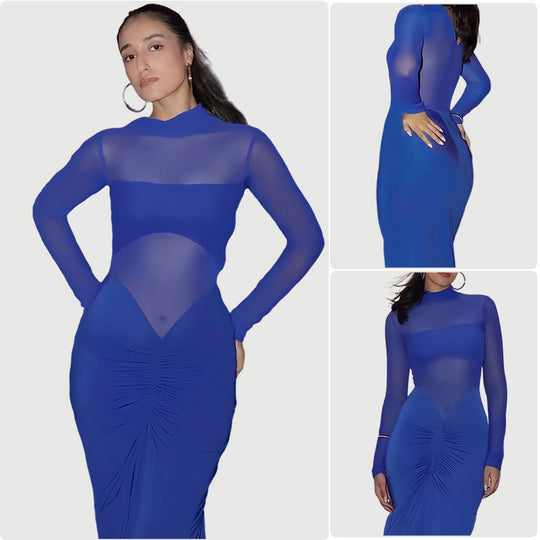 Damen Elegantes Maxikleid mit transparenten Ärmeln und raffinierter Drapierung EB