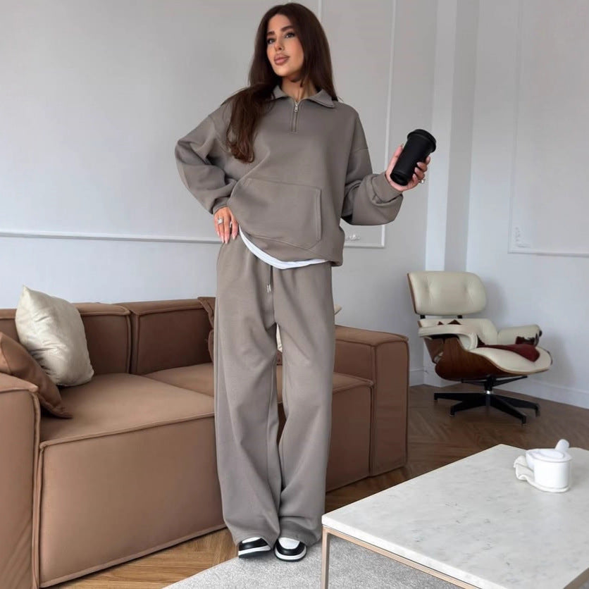 Damen nan weites Halfzip-Lounge-Set mit Kapuzenpullover, Kängurutasche und fließender Wide-Leg-Hose EB