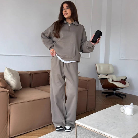 Damen nan weites Halfzip-Lounge-Set mit Kapuzenpullover, Kängurutasche und fließender Wide-Leg-Hose EB