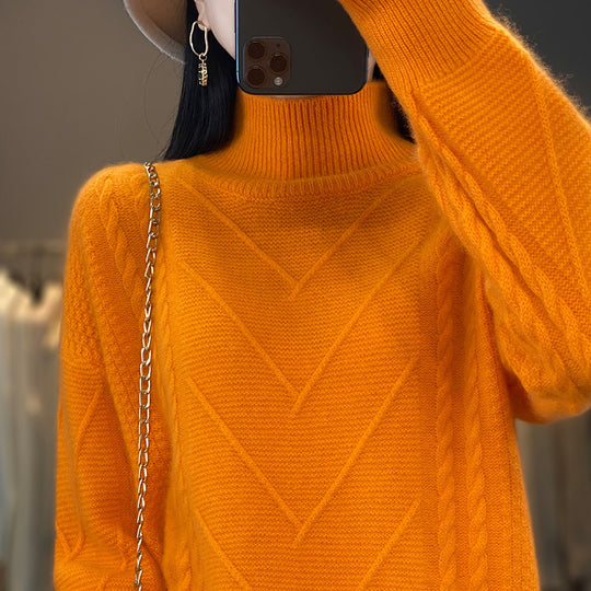 Damen Grobstrickpullover mit innovativem Zopfmuster und hohem Stehkragen EB