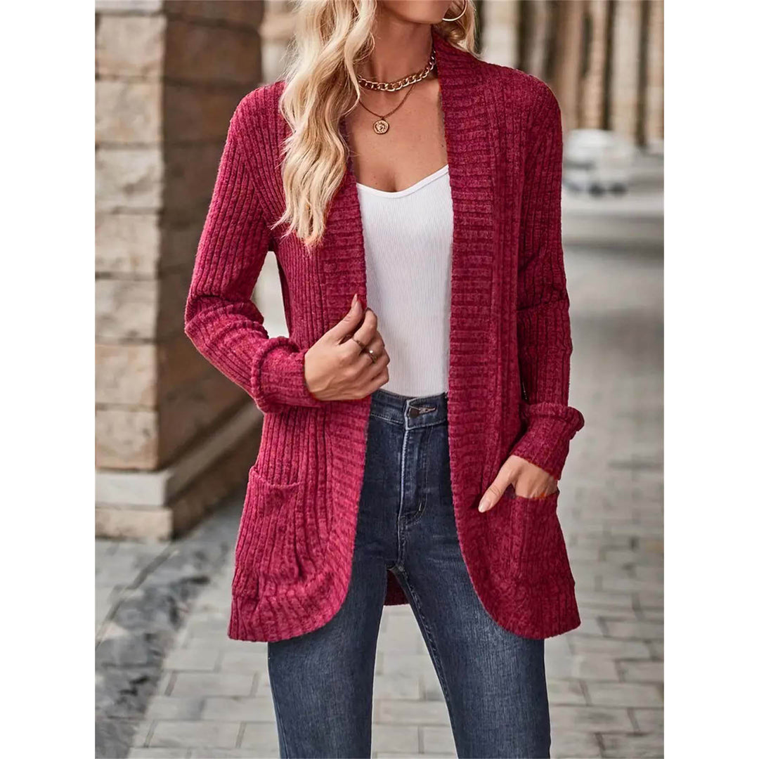 Damen offene Strickjacke mit strukturierter Oberfläche und praktischen Taschen EB