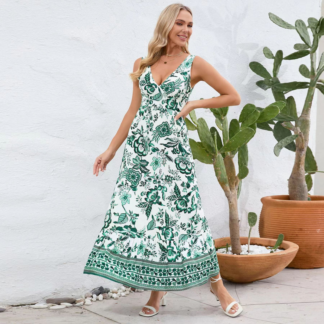 Damen Maxikleid mit floralem Design und tiefem V-Ausschnitt EB