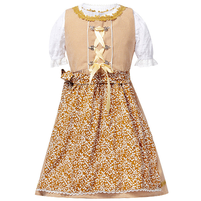 Damen nan traditionelles Trachtenkleid-Set mit geschnürtem Mieder, bestickter Puffbluse und abnehmbarer Schürze EB