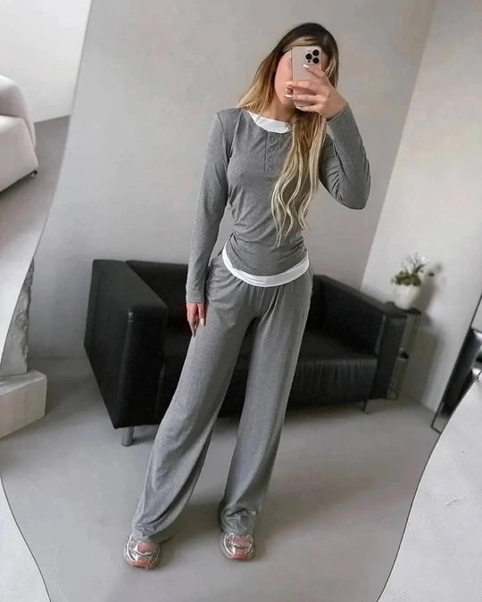 Damen Loungewear-Set aus weichem Modal mit Henley-Knopfleiste und weitem High-Waist Jogger EB