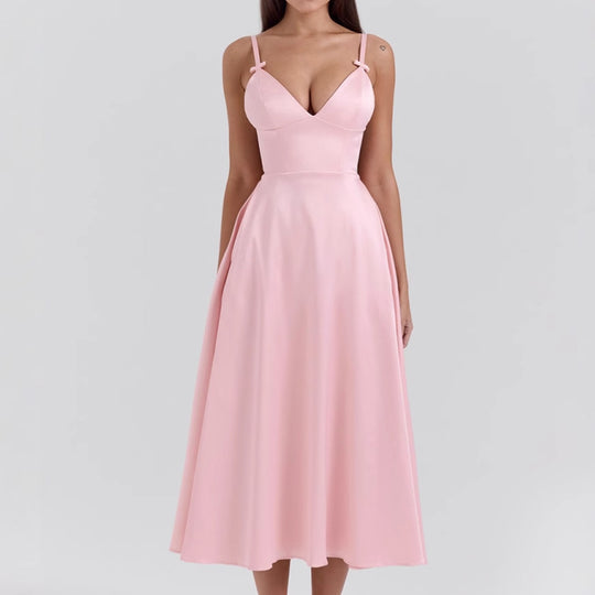 Damen Maxi-Kleid mit elegantem V-Ausschnitt und fließendem Rock EB
