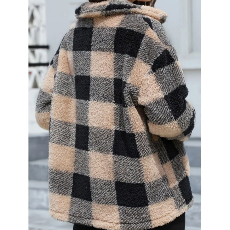 Damen kuschelige Plüschjacke mit Karomuster EB