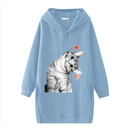 Damen Oversize Kapuzenkleid aus Sweat mit großem Katzenprint und Seitentaschen EB