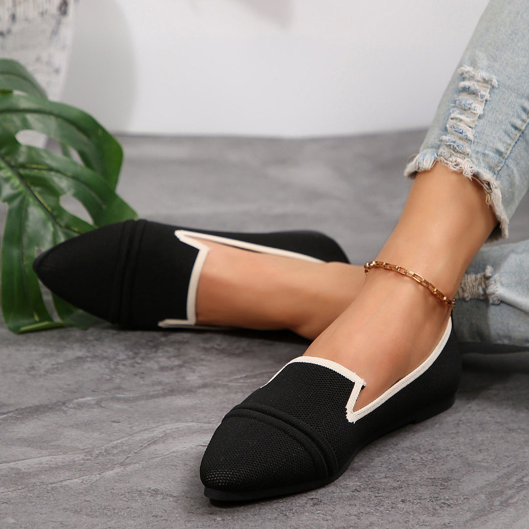 Damen  elegante flache Slipper-Loafer mit spitzer Zehenpartie Strickoptik und gepolsterter Innensohle EB