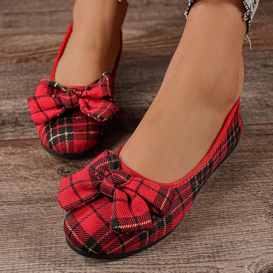 Damen  karierter Ballerina Slipper mit dekorativer Schleife und gepolstertem Komfortfußbett EB