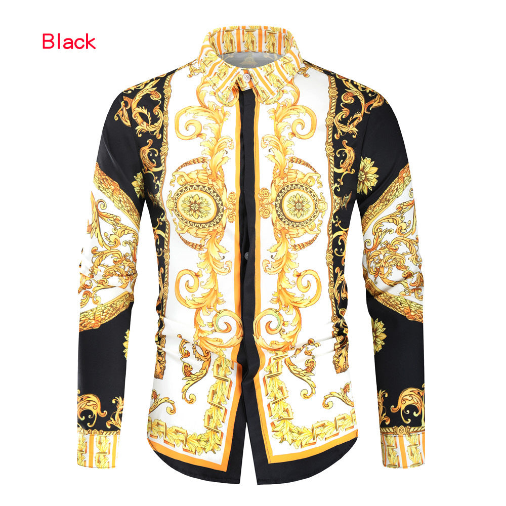 Herren nan barockes Langarm-Hemd mit ornamentalem Druck, Kentkragen und tailliertem Schnitt EB