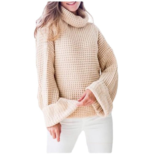 Damen Grobstrickpullover mit voluminösen Ärmeln und hohem Kragen EB