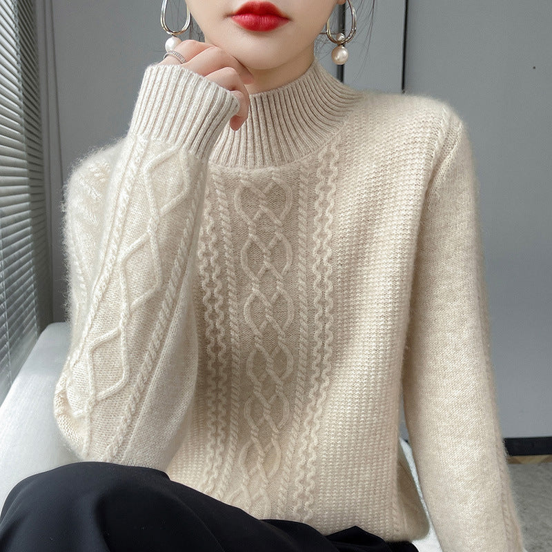 Damen Strickpullover mit elegantem Zopfmuster und hoch geschlossenem Kragen EB