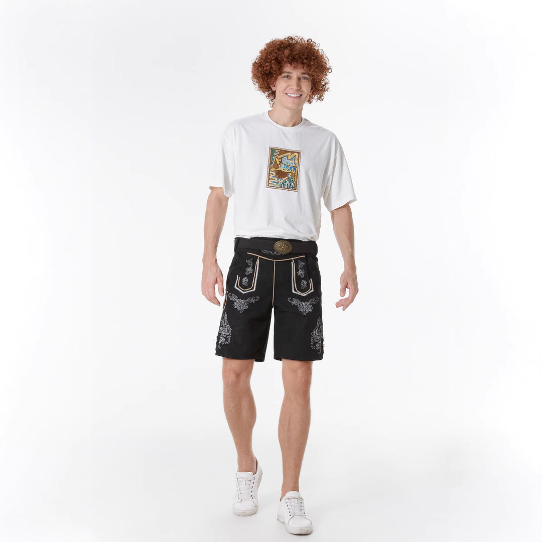 Herren nan kurze Trachtenlederhose mit filigranen Stickereien und Zierschnalle EB