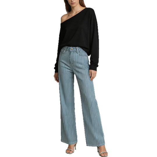 Damen nan weite High-Waist Palazzohose mit vertikalen Streifenoptik und abgesteppten Kniepartien EB