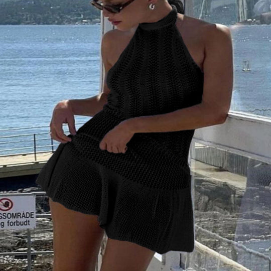 Damen luftiges Strandkleid mit feinem Häkelmuster und voluminösem Saum EB