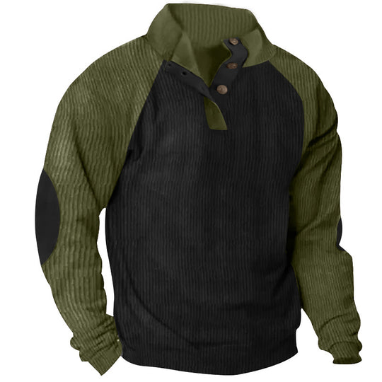 Herren nan strukturiertes Henley-Sweatshirt mit Stehkragen, Raglanärmeln und Ellbogenpatches EB