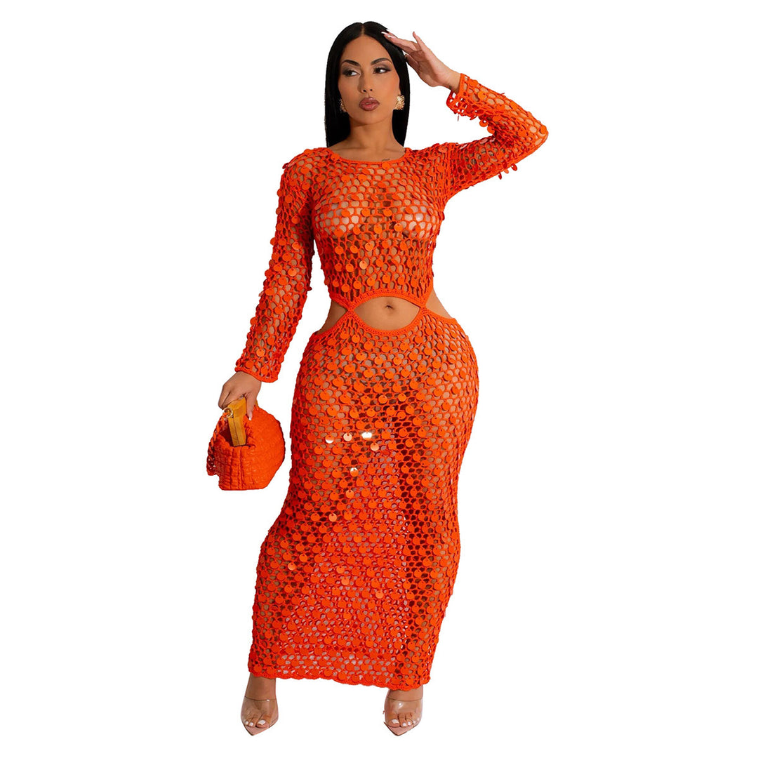 Damen Maxi-Kleid aus transparentem Häkelmaterial mit Cut-Out-Details EB