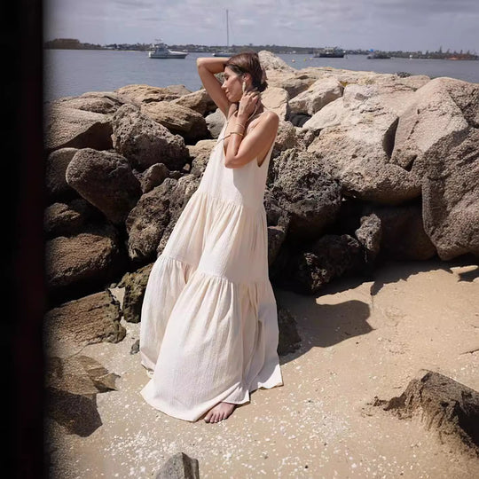 Damen Maxikleid mit tiefem V-Ausschnitt und voluminösem Rock EB