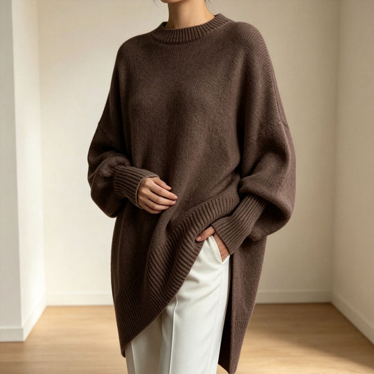 Damen Oversize Longline Feinstrick-Pullover mit Raglanärmeln und geripptem Saum EB