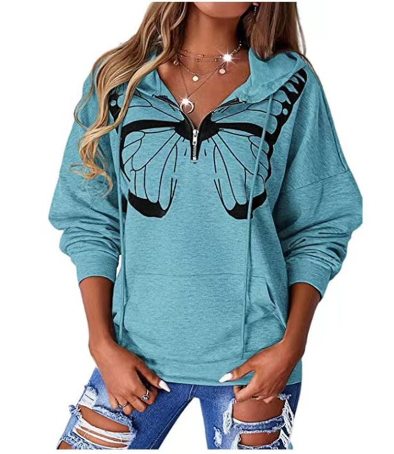 Damen lässiger Kapuzenpullover mit Schmetterlingsdruck und Halber Reißverschluss EB