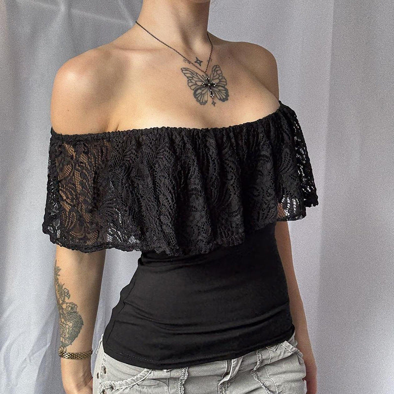 Damen Off-Shoulder Oberteil mit Rüschendetails und eleganten Spitzenakzenten EB