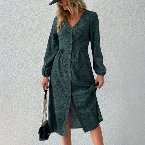 Damen Midi-Kleid mit eleganter Knopfleiste und gerafftem Saum EB