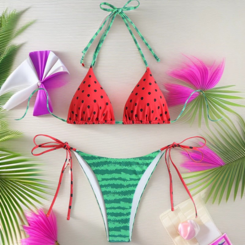 Damen Triangel-Bikini mit verspieltem Obstdesign und verstellbaren Trägern EB