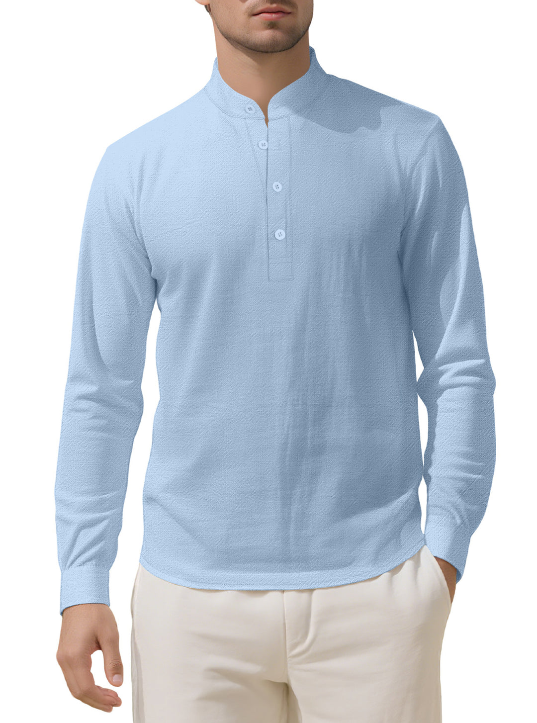 Herren Elegantes Langarmhemd mit Stehkragen und Knopfleiste EB