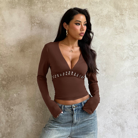 Damen elegantes Langarm-Top mit tiefem V-Ausschnitt und dekorativen Nieten EB