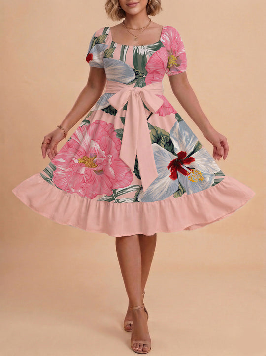 Damen Sommerkleid mit floralem Puffärmel und taillierbarem Gürtel EB