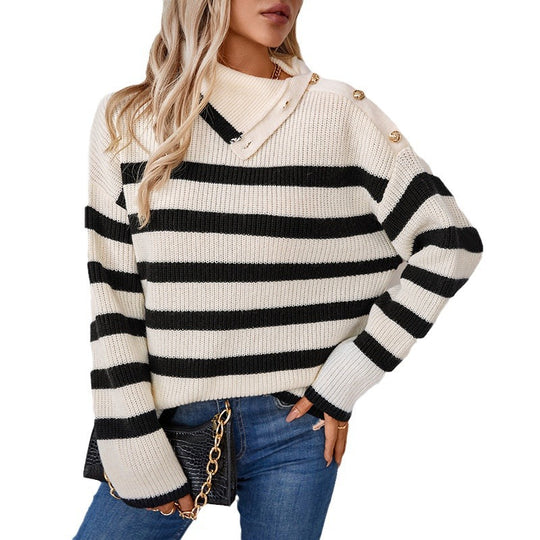 Damen Rollkragenpullover mit Knopfdetails und Streifendesign EB