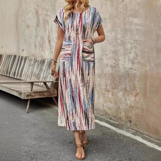 Damen Maxikleid mit praktischen Taschen und modischem Streifenmuster EB