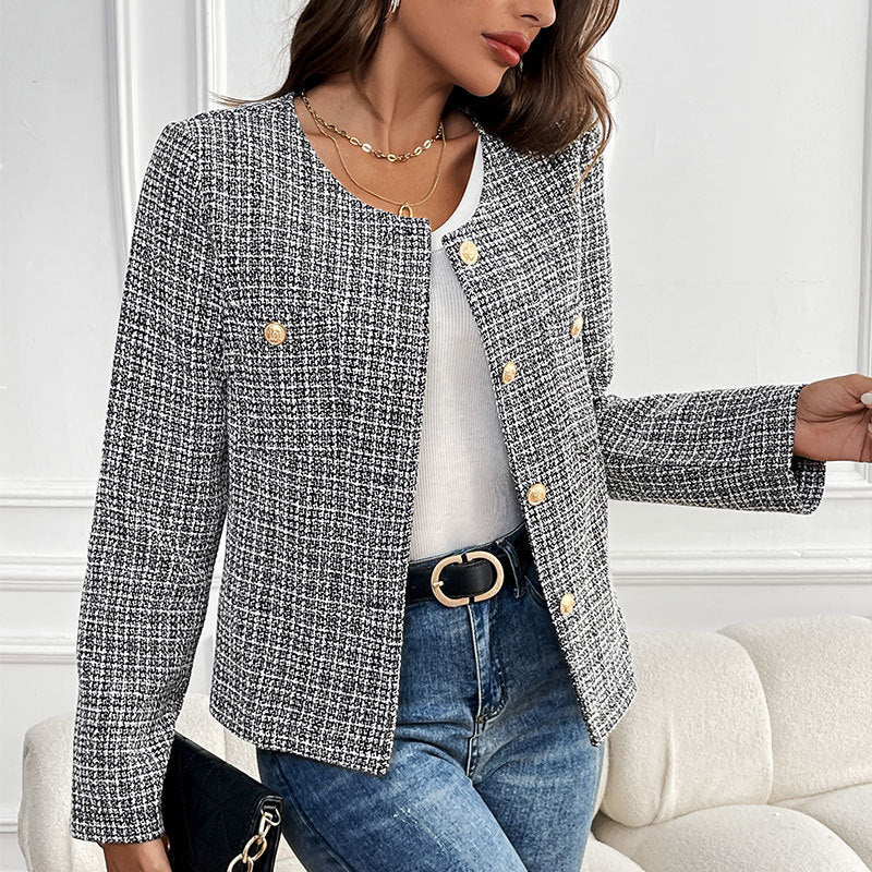 Damen Elegante Tweedjacke mit doppelter Knopfleiste und strukturiertem Gewebe EB