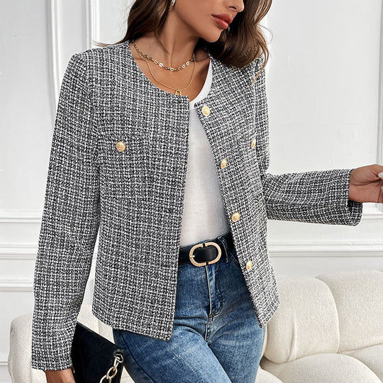 Damen Elegante Tweedjacke mit doppelter Knopfleiste und strukturiertem Gewebe EB