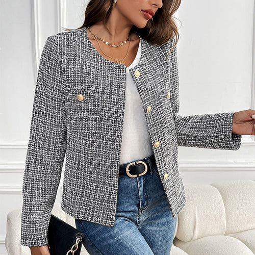 Damen Elegante Tweedjacke mit doppelter Knopfleiste und strukturiertem Gewebe EB