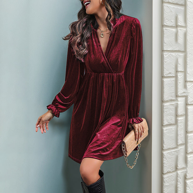Damen elegantes Samtkleid mit tiefem V-Ausschnitt und Puffärmeln EB