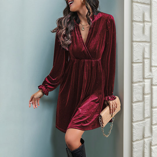Damen elegantes Samtkleid mit tiefem V-Ausschnitt und Puffärmeln EB