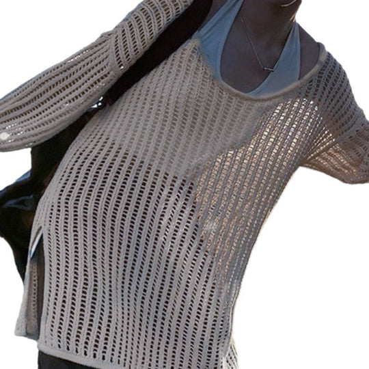 Damen luftiger Strickpullover mit weitem Schnitt und dezentem Lochmuster EB