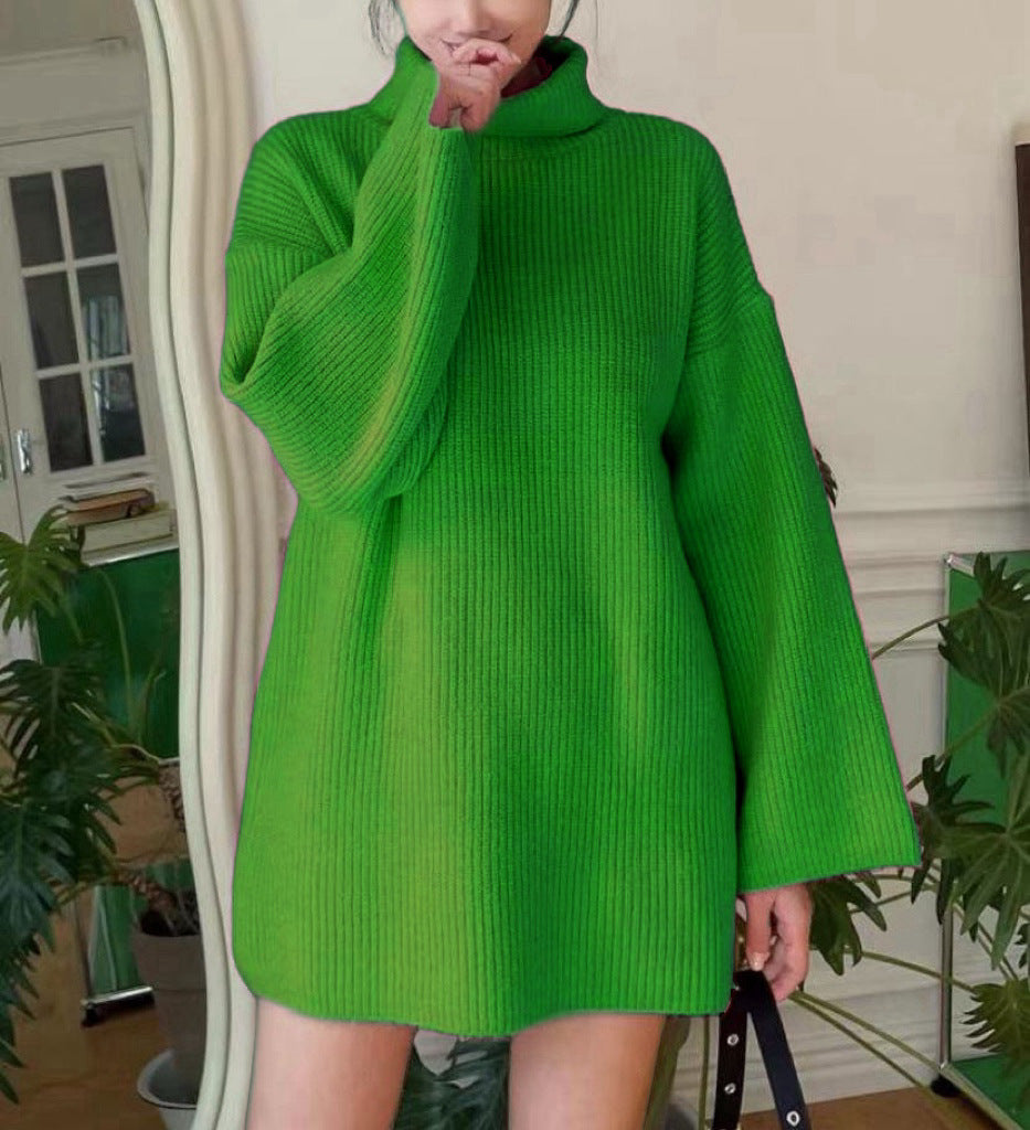 Damen Langer Strickpullover mit hohem Kragen und weit ausgestellten Ärmeln EB