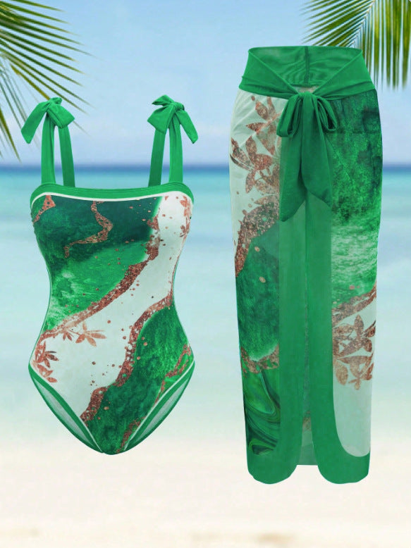 Damen Eleganter Einteiler Badeanzug mit passendem Strandrock EB