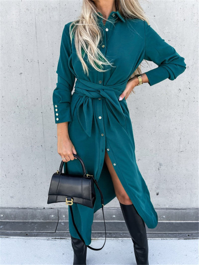 Damen Hemdkleid mit Wickelgürtel und Knopfleiste EB