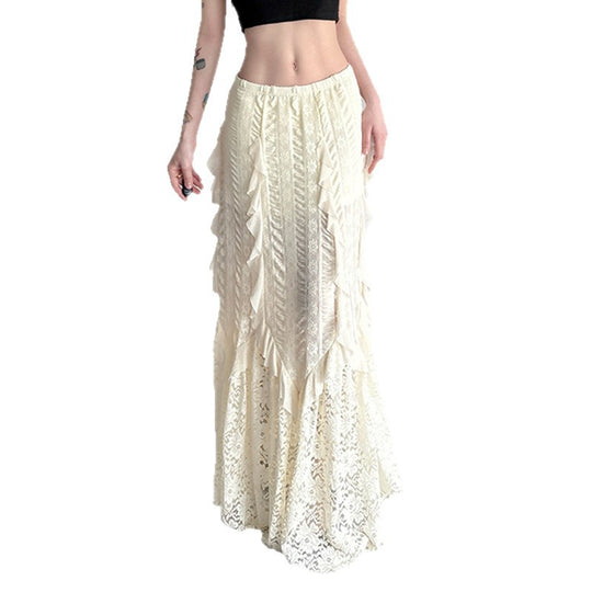 Damen eleganter Maxirock mit raffinierten Rüschen und Spitzenakzenten EB