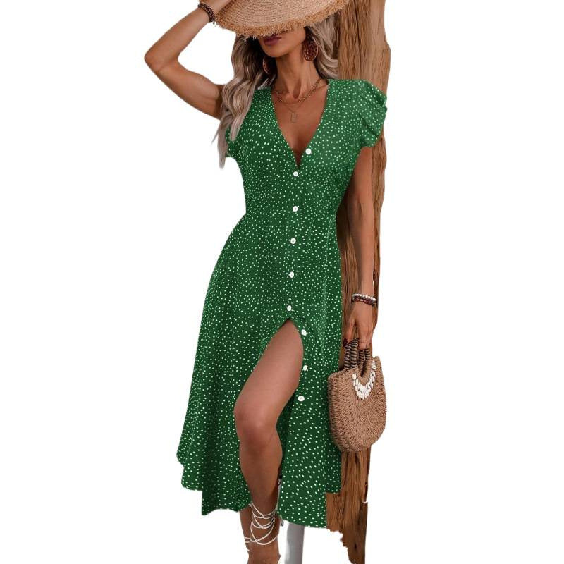 Damen Maxikleid mit floralen Rüschendetails und knöpfen EB