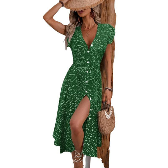 Damen Maxikleid mit floralen Rüschendetails und knöpfen EB