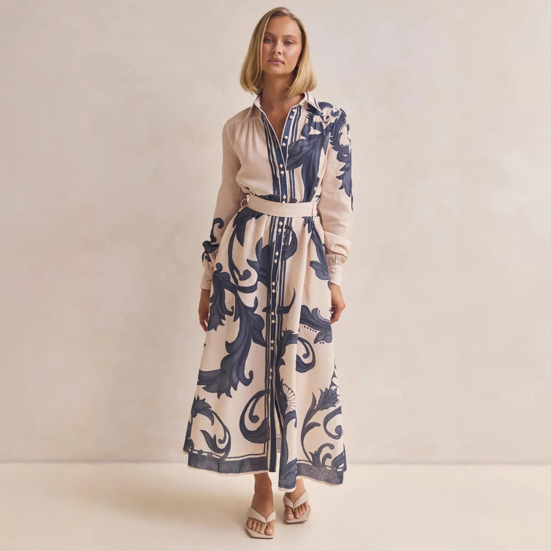 Damen Langarmhemdkleid mit floralen Akzenten und Taillengürtel EB