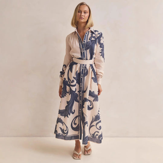 Damen Langarmhemdkleid mit floralen Akzenten und Taillengürtel EB