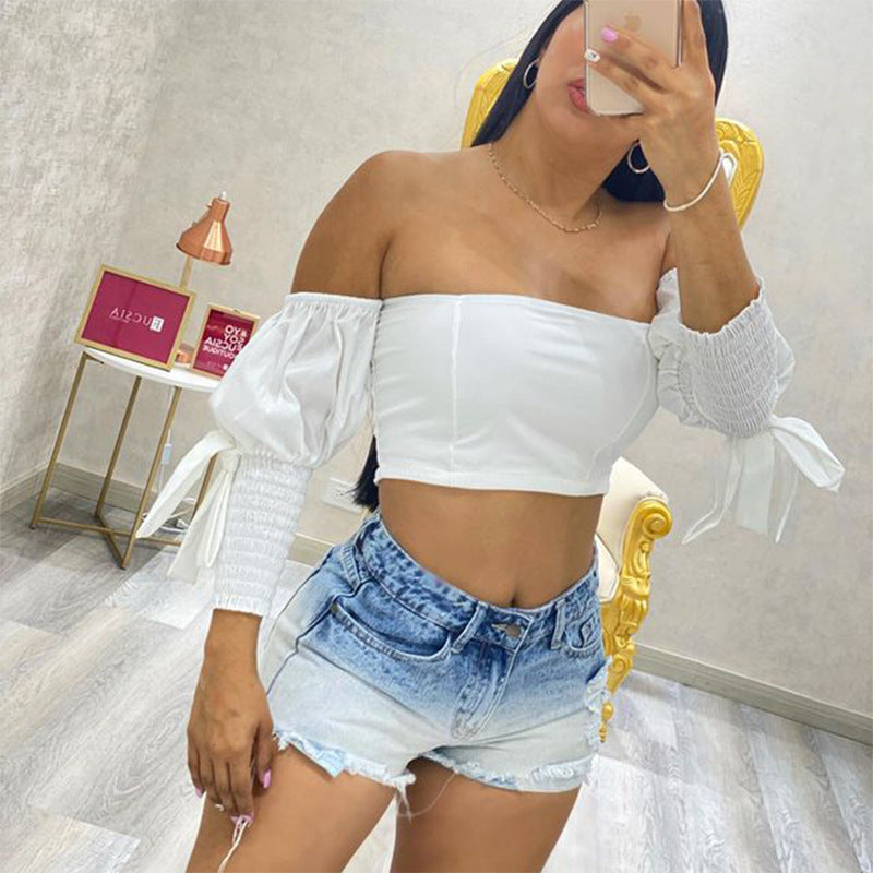 Damen Crop Top mit Puffärmeln und elastischen Details EB