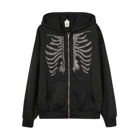 Damen Kapuzenjacke mit einzigartigem Skelett-Design und funkelnden Strasssteinen EB