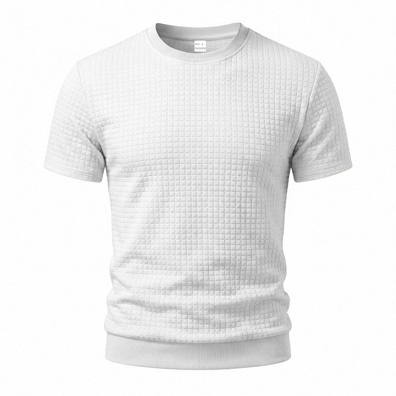 Herren nan kurzärmeliges Strickshirt mit geprägter Karostruktur, Rundhalsausschnitt und geripptem Saum EB