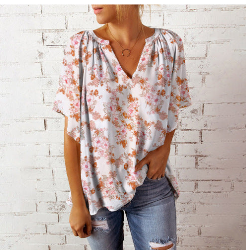 Damen Blusenshirt mit floralem Design und V-Ausschnitt EB